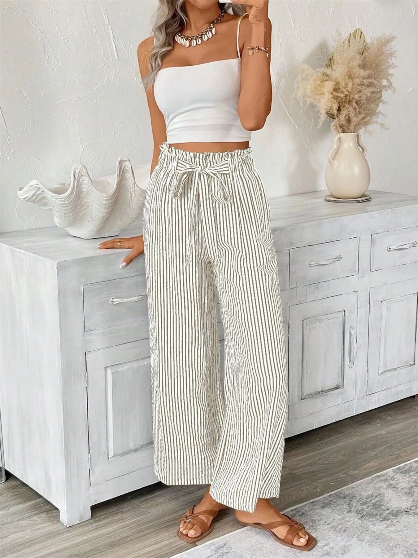Striped wide leg paper bag pants plus size with tie and pockets.