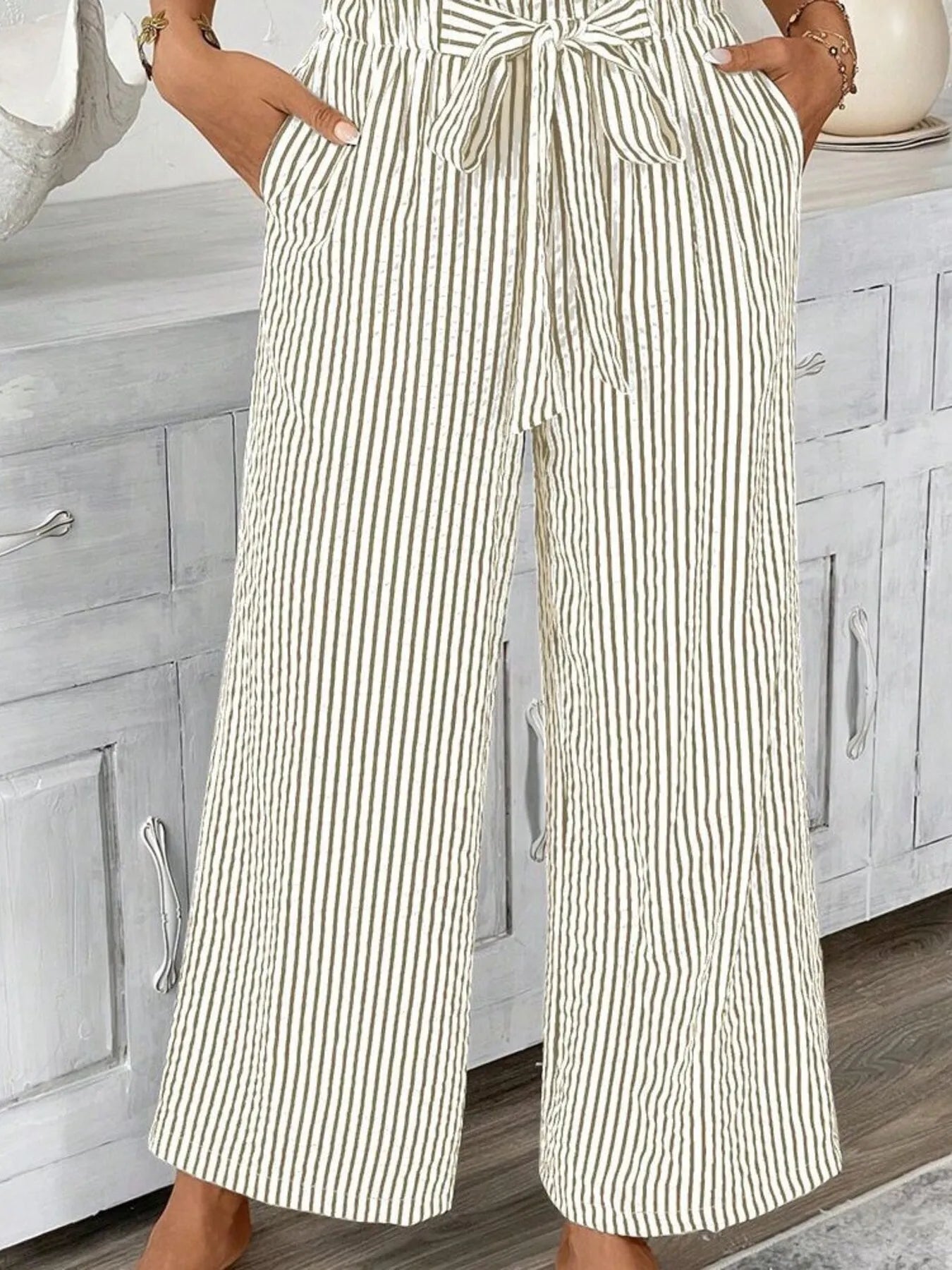 Striped wide leg paper bag pants plus size with tie and pockets.