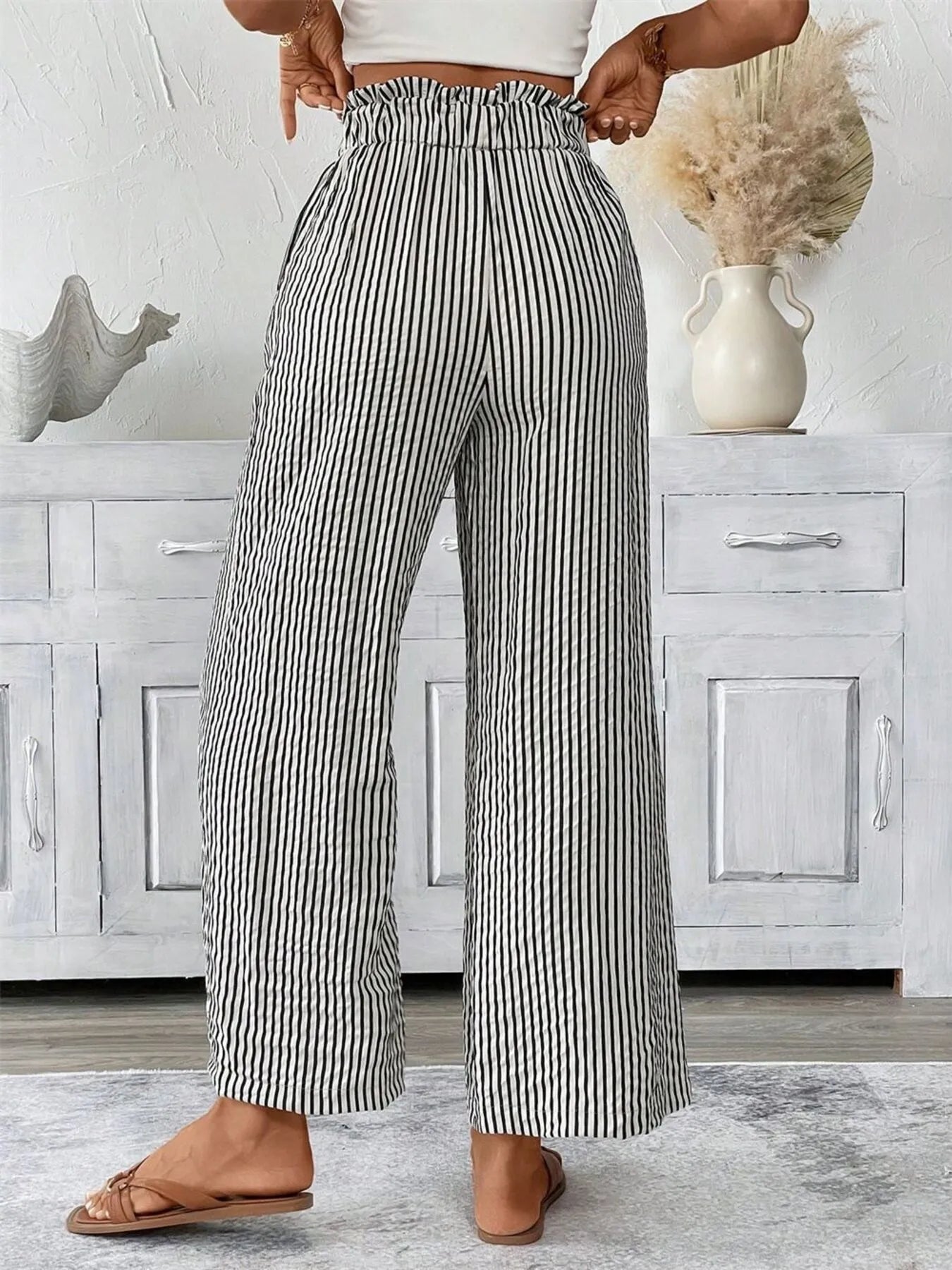 Striped wide leg paper bag pants plus size with tie and pockets.