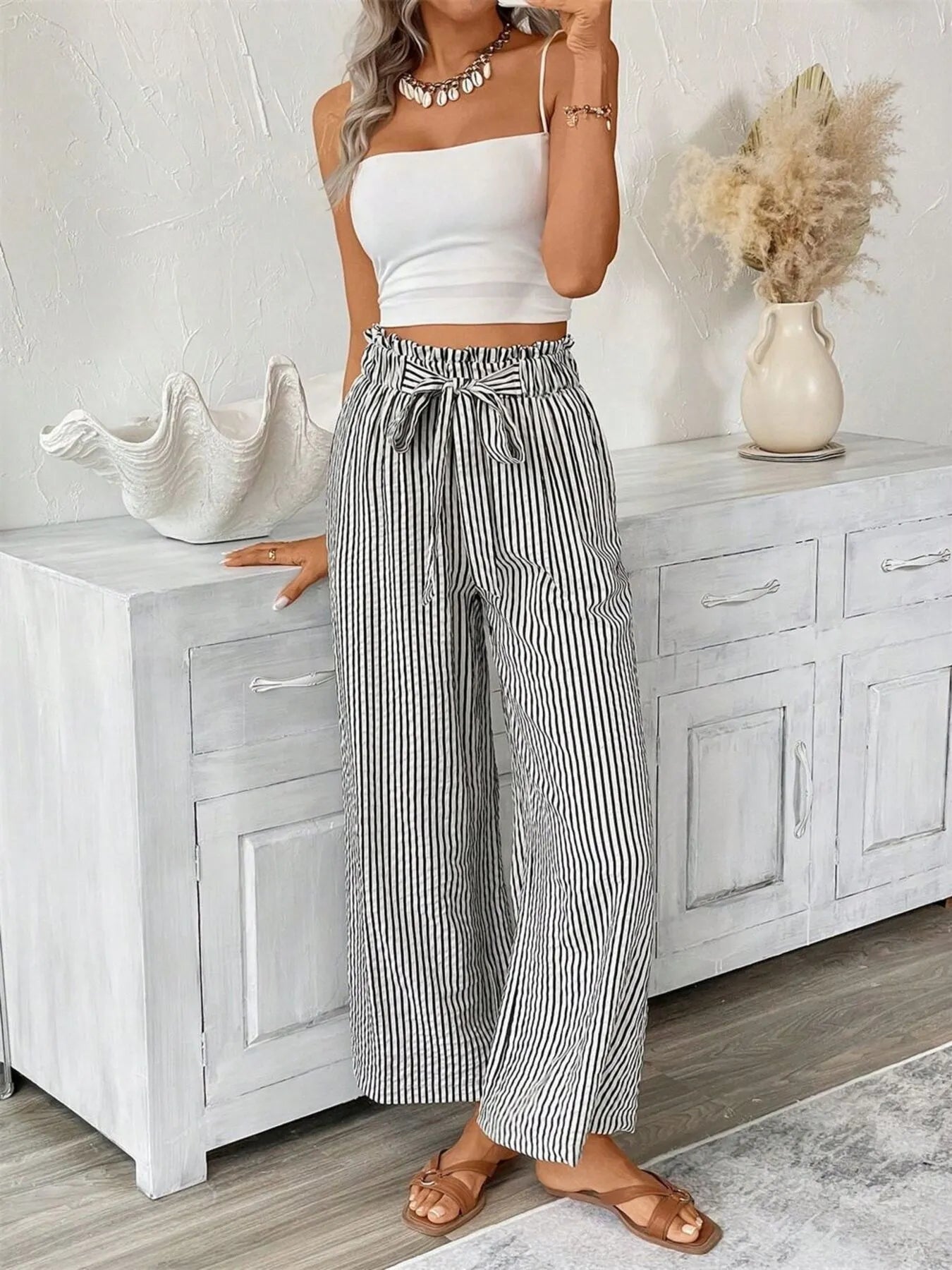 Striped wide leg paper bag pants plus size with tie and pockets.