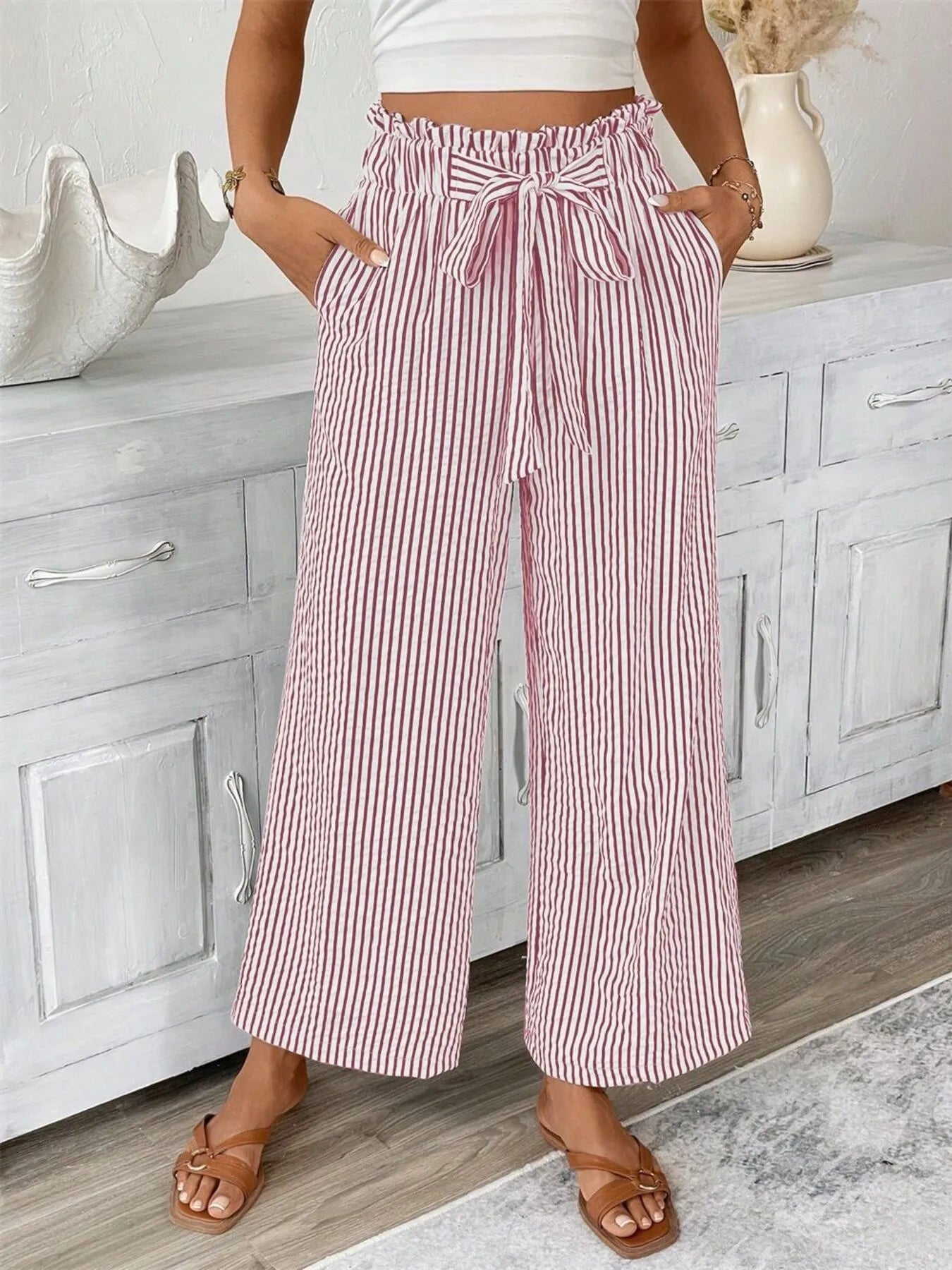 Striped wide leg paper bag pants plus size with tie and pockets.