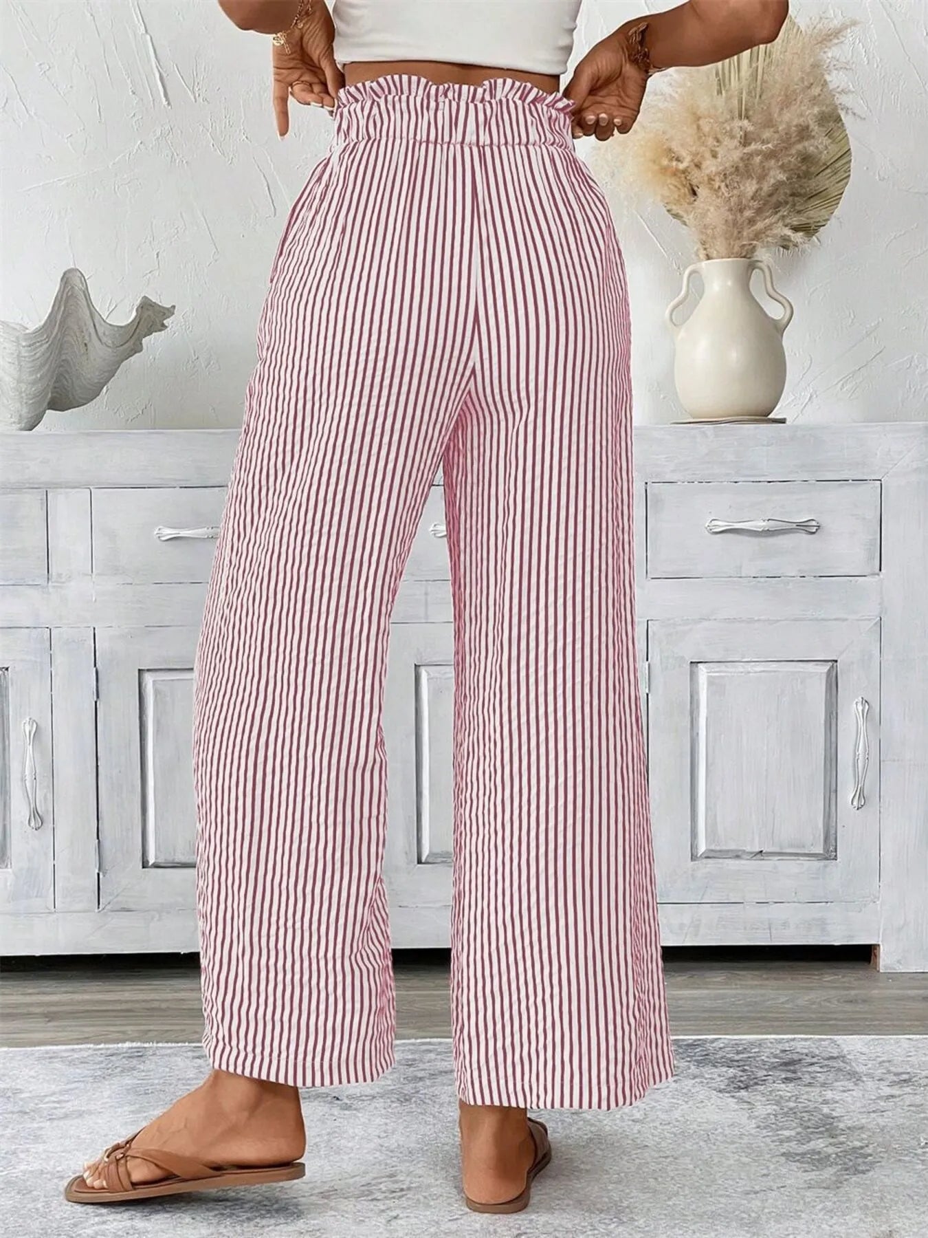 Striped wide leg paper bag pants plus size with tie and pockets.