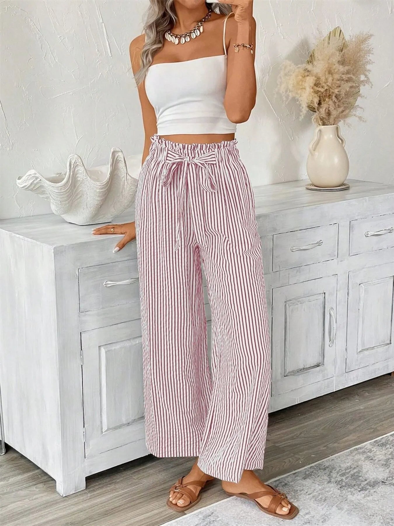Striped wide leg paper bag pants plus size with tie and pockets.