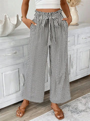Striped wide leg paper bag pants plus size with tie and pockets.