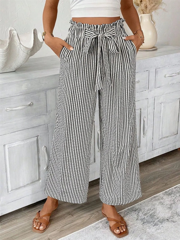 Striped wide leg paper bag pants plus size with tie and pockets.