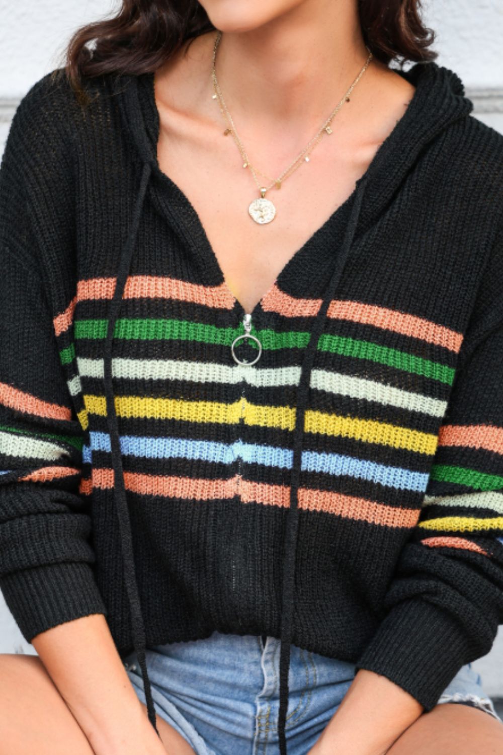 Striped zip up hooded sweater cardigan with drawstring.
