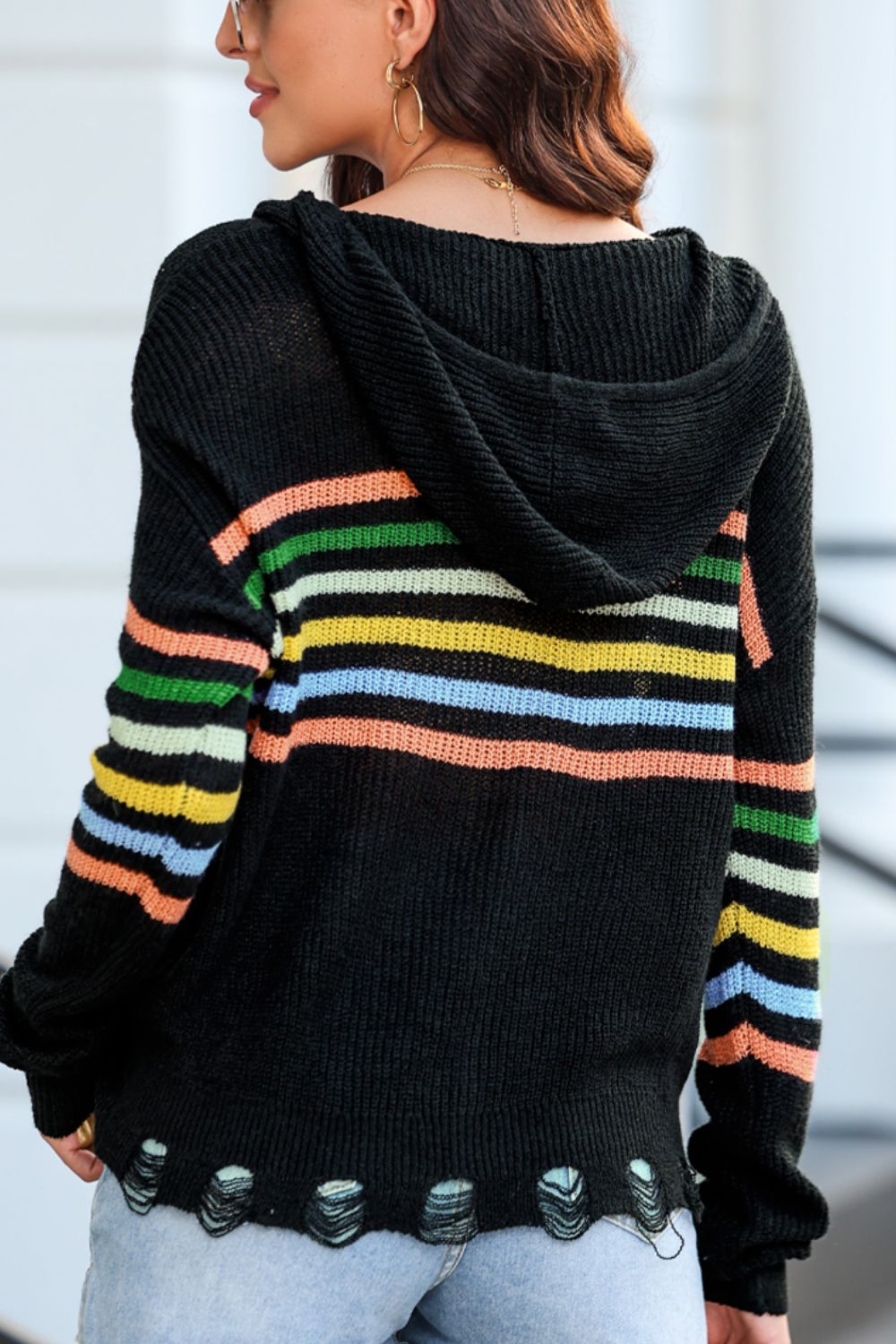 Striped zip up hooded sweater cardigan with drawstring.