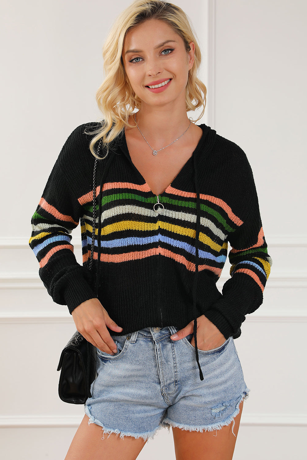 Striped zip up hooded sweater cardigan with drawstring.