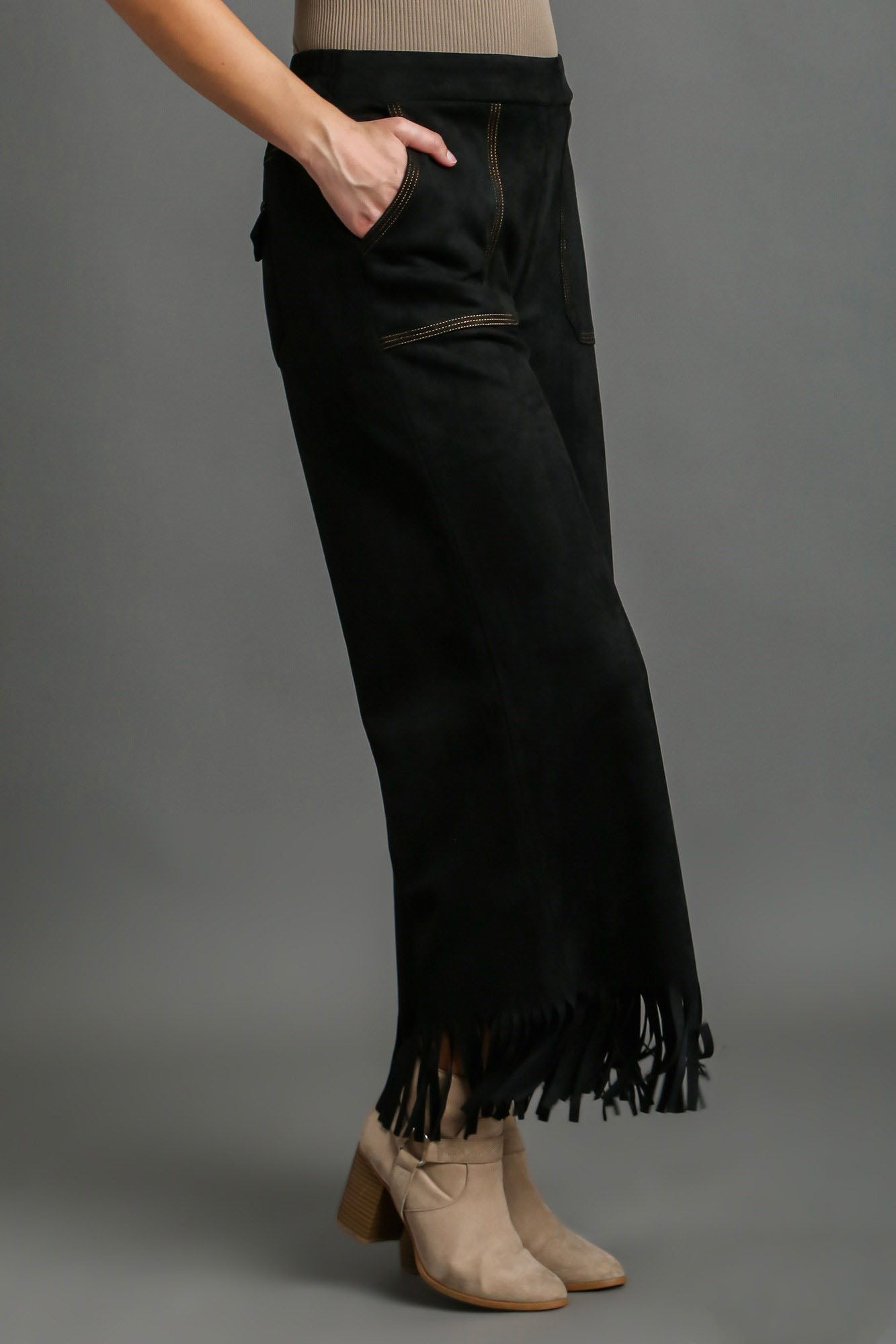 Suede fringe hem wide leg pants plus size with pockets and contrast stitching, opaque.