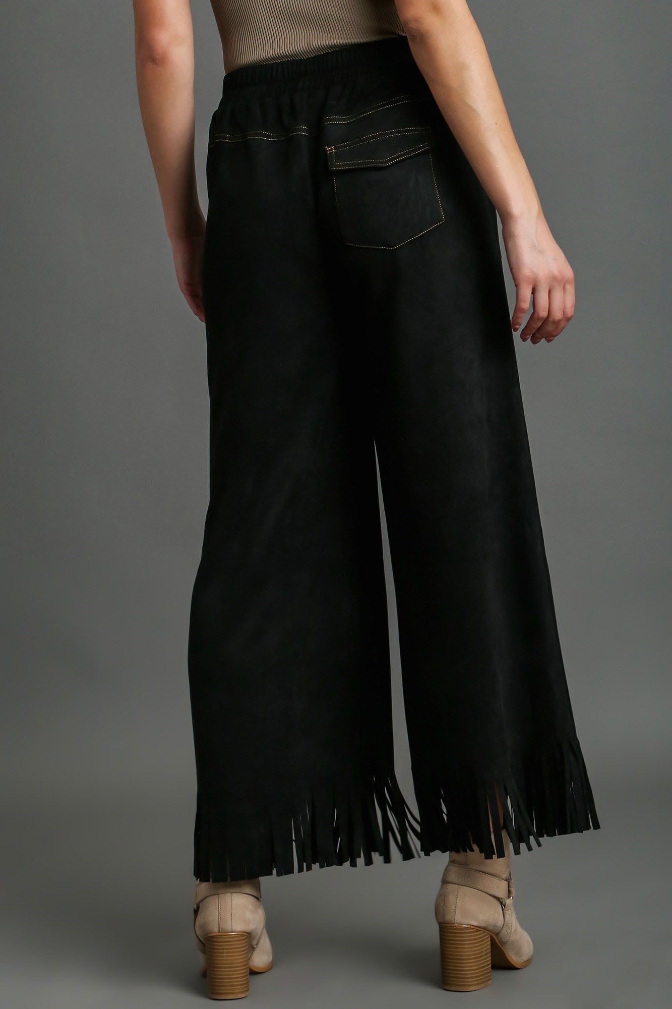 Suede fringe hem wide leg pants plus size with pockets and contrast stitching, opaque.