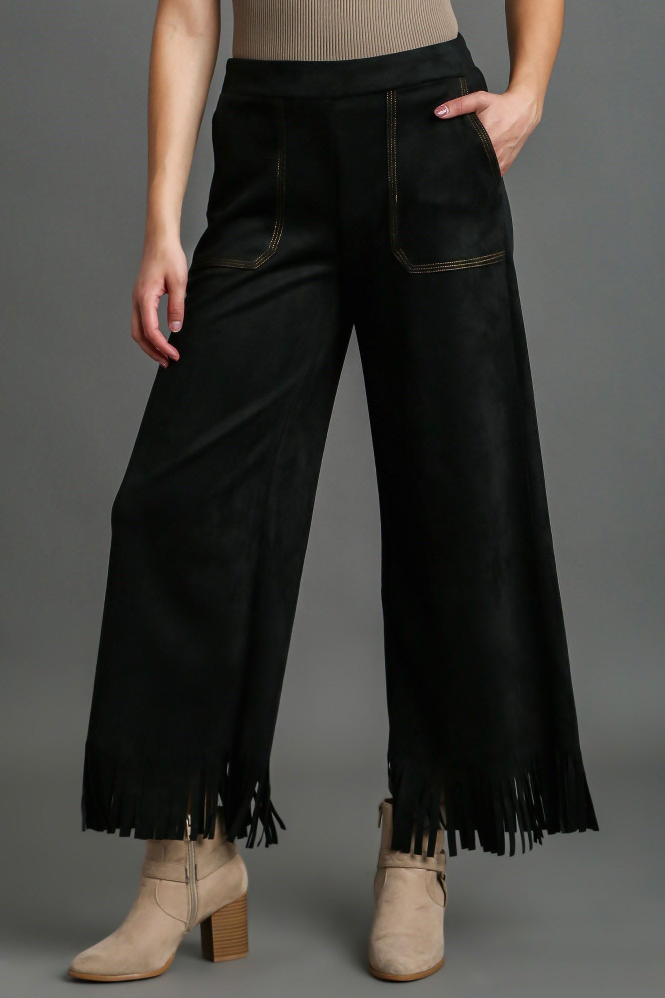 Suede fringe hem wide leg pants plus size with pockets and contrast stitching, opaque.