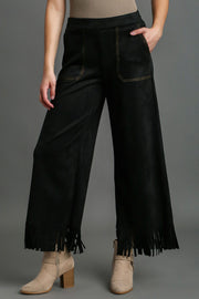 Suede fringe hem wide leg pants plus size with pockets and contrast stitching, opaque.