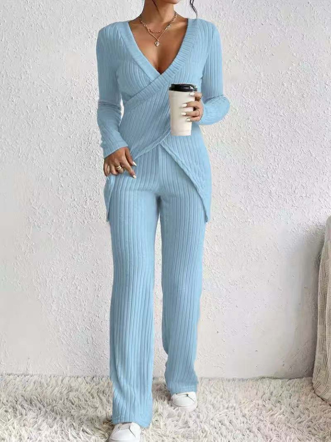 Surplice Long Sleeve Top and Pants Set.