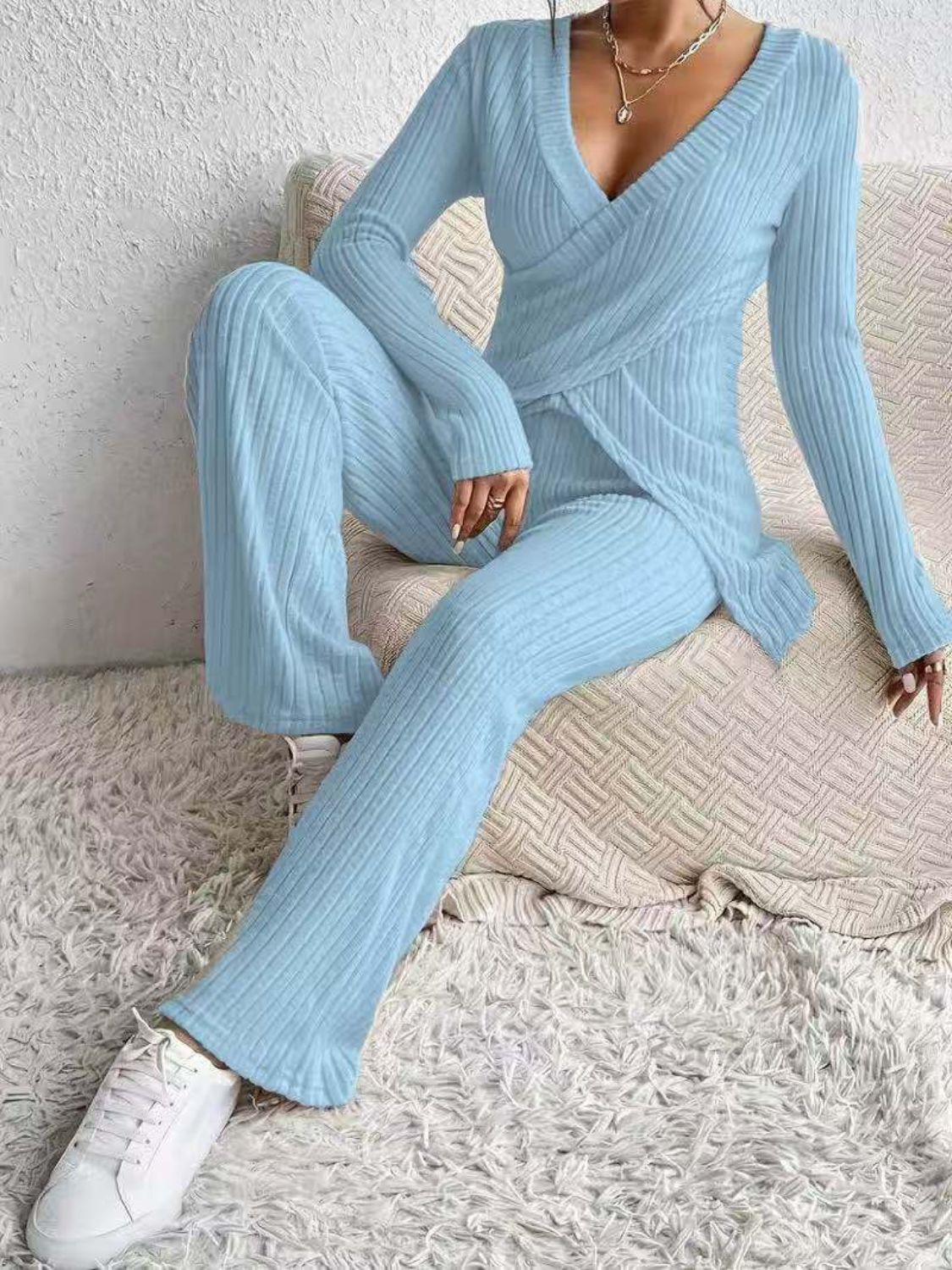 Surplice Long Sleeve Top and Pants Set.