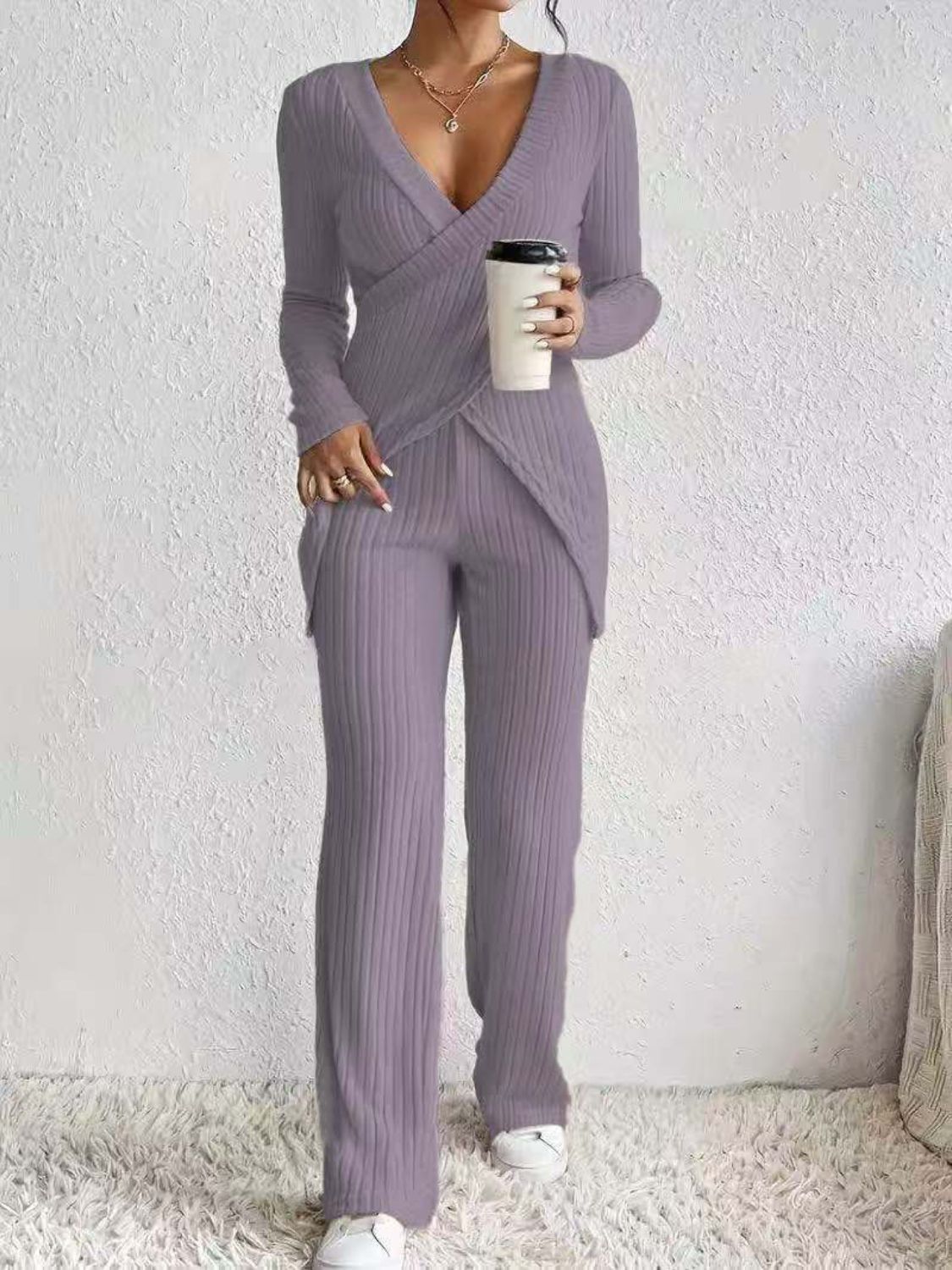 Surplice Long Sleeve Top and Pants Set.