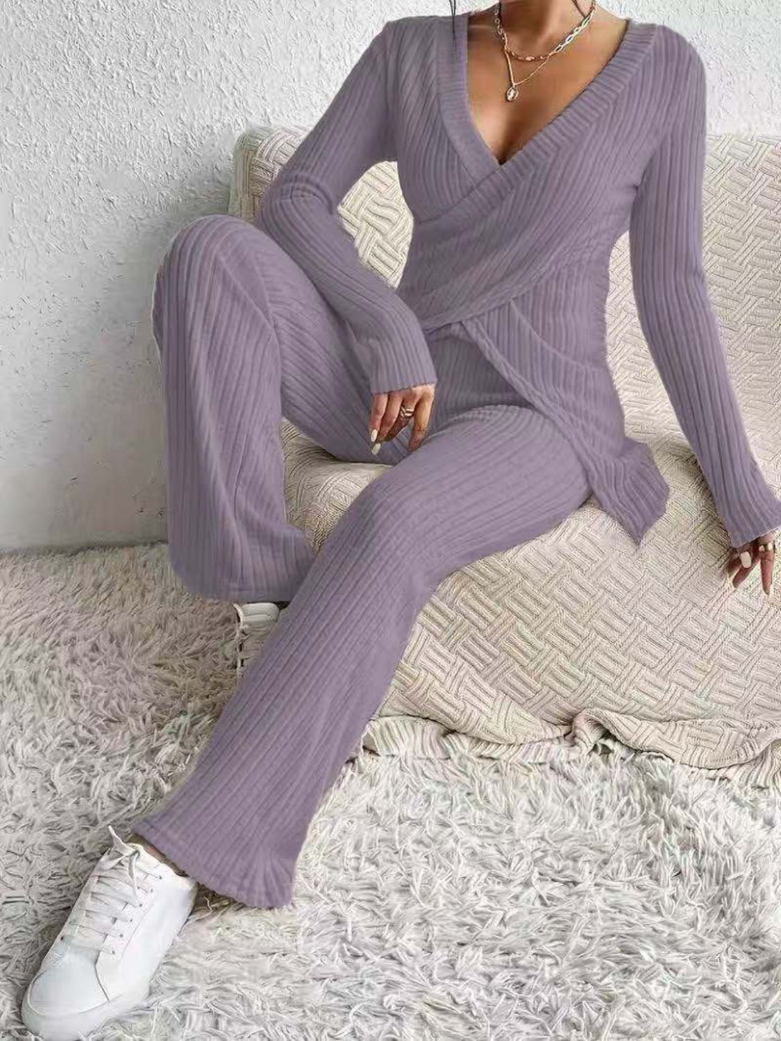 Surplice Long Sleeve Top and Pants Set.