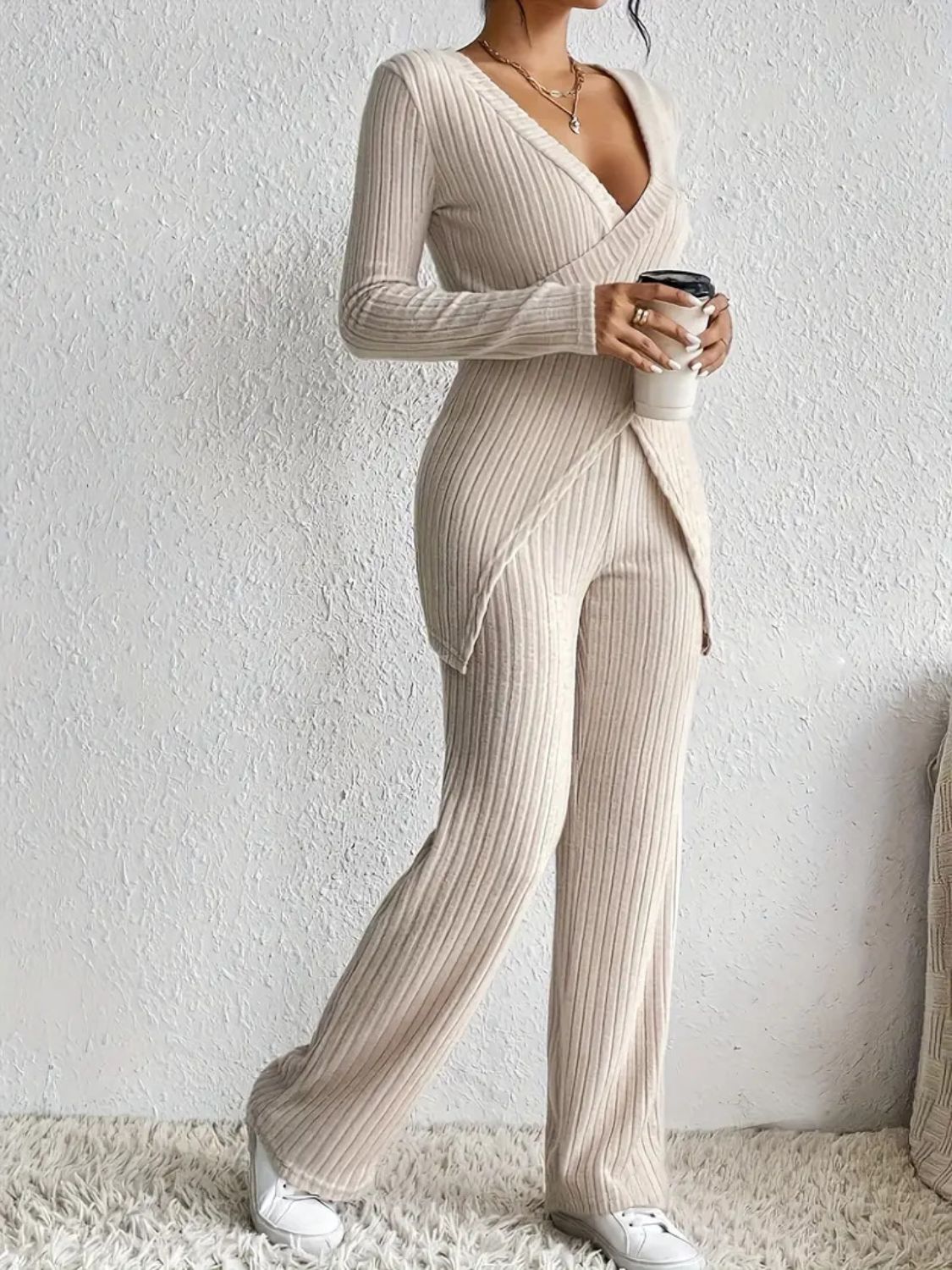 Surplice Long Sleeve Top and Pants Set.