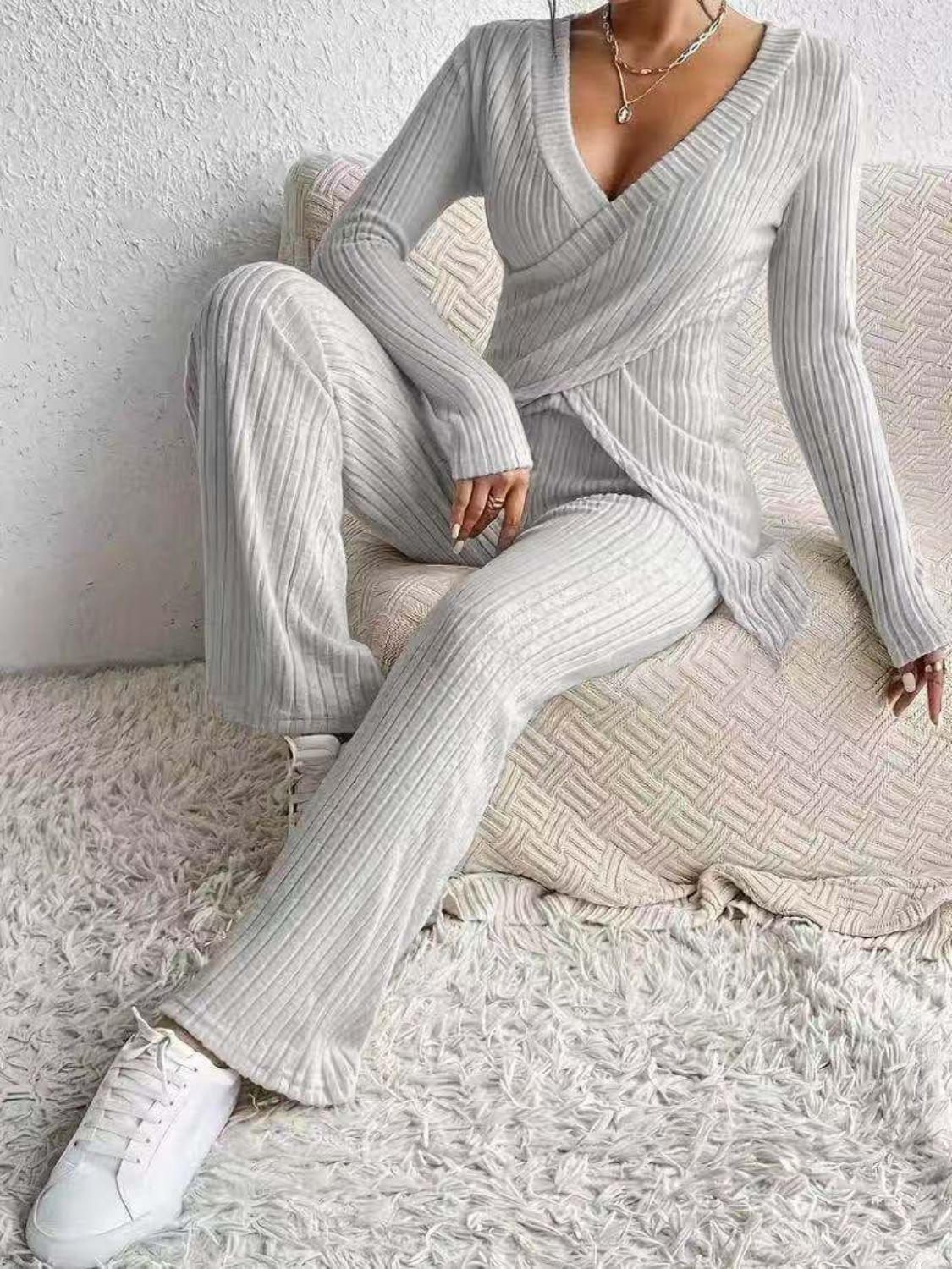 Surplice Long Sleeve Top and Pants Set.