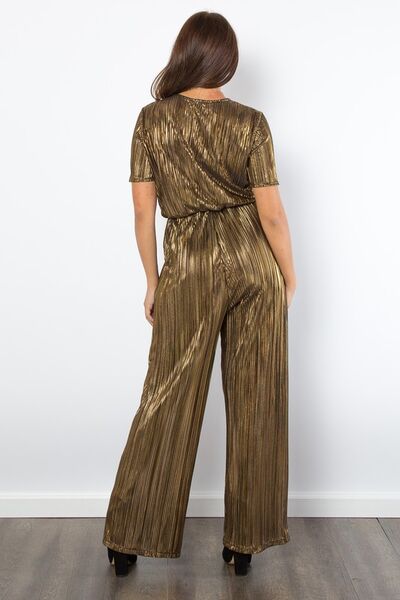 Surplice Short Sleeve Pleated Foil Jumpsuit with Pockets.