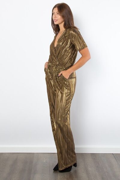 Surplice Short Sleeve Pleated Foil Jumpsuit with Pockets.