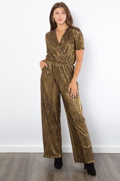 Drawstring V-Neck Sleeveless Romper with Pockets.