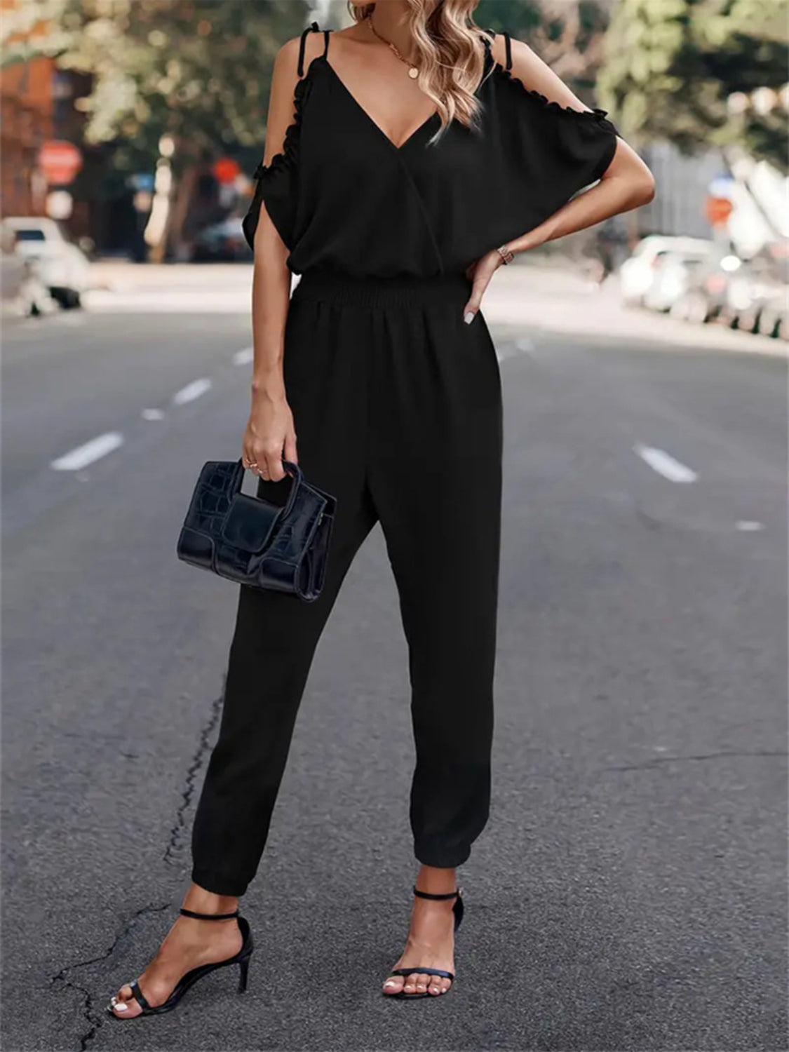 Surplice Tied Spaghetti Strap Jumpsuit with Pockets.