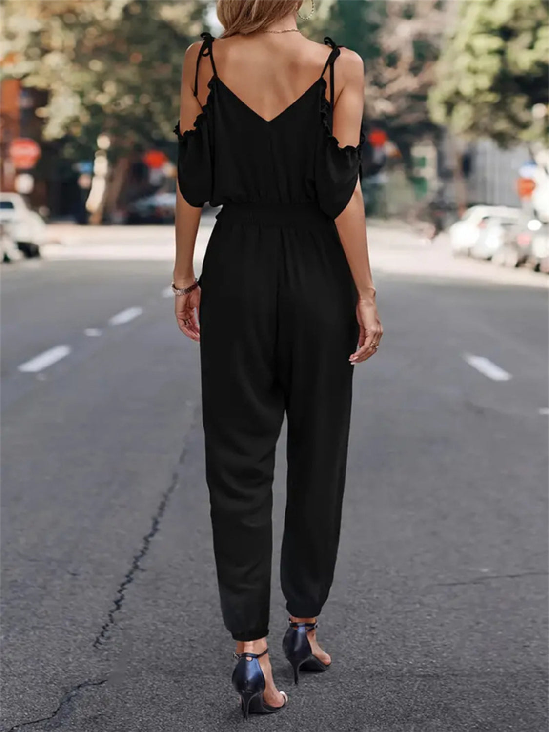 Surplice Tied Spaghetti Strap Jumpsuit with Pockets.