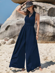 V-Neck Spaghetti Strap Sleeveless Jumpsuit with Pockets and Smocked.