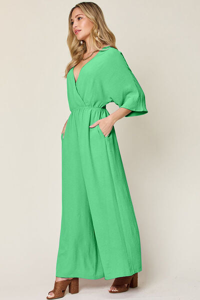 Surplice Wide Leg Jumpsuit with Pockets, Tied and Ruched.
