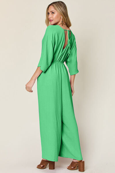 Surplice Wide Leg Jumpsuit with Pockets, Tied and Ruched.