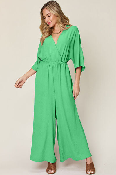 Surplice Wide Leg Jumpsuit with Pockets, Tied and Ruched.