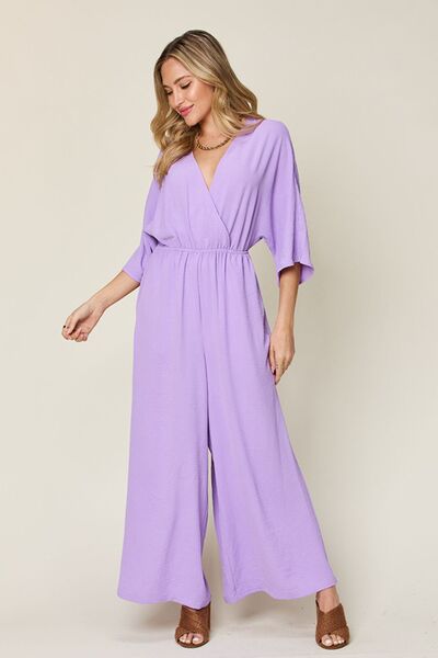 Surplice Wide Leg Jumpsuit with Pockets, Tied and Ruched.