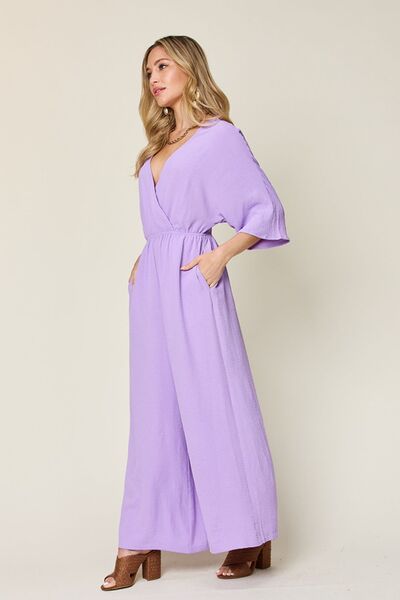 Surplice Wide Leg Jumpsuit with Pockets, Tied and Ruched.