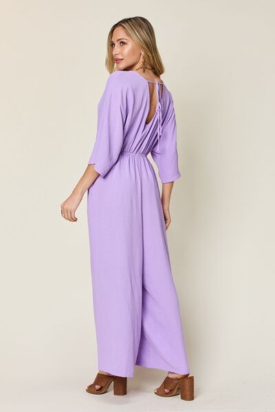 Surplice Wide Leg Jumpsuit with Pockets, Tied and Ruched.