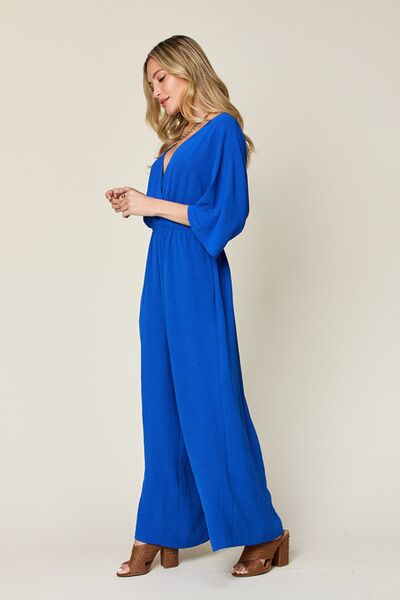 Surplice Wide Leg Jumpsuit with Pockets, Tied and Ruched.