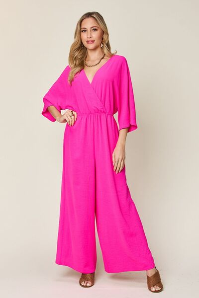 Surplice Wide Leg Jumpsuit with Pockets, Tied and Ruched.