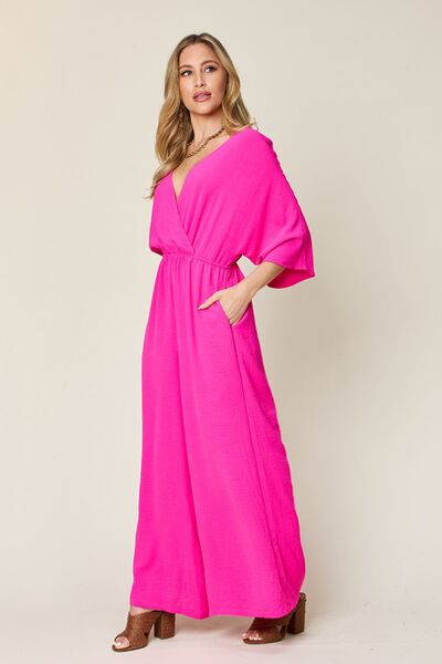 Surplice Wide Leg Jumpsuit with Pockets, Tied and Ruched.