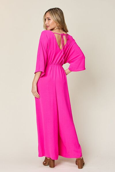 Surplice Wide Leg Jumpsuit with Pockets, Tied and Ruched.