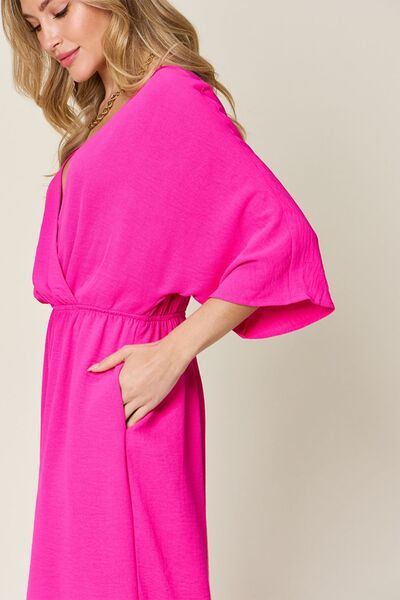 Surplice Wide Leg Jumpsuit with Pockets, Tied and Ruched.