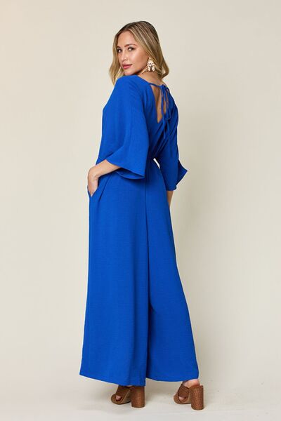 Surplice Wide Leg Jumpsuit with Pockets, Tied and Ruched.
