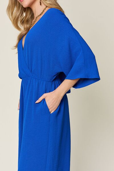 Surplice Wide Leg Jumpsuit with Pockets, Tied and Ruched.