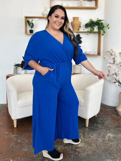 Surplice Wide Leg Jumpsuit with Pockets, Tied and Ruched.