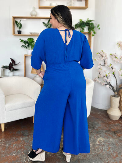 Surplice Wide Leg Jumpsuit with Pockets, Tied and Ruched.
