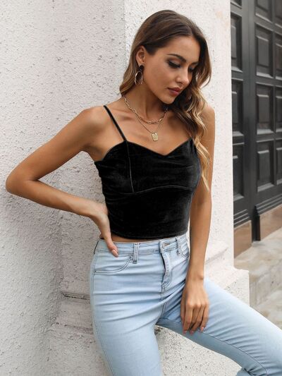 Sweetheart neck cropped cami, opaque and slightly stretchy.