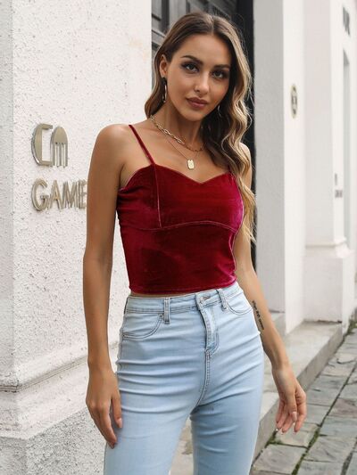 Sweetheart neck cropped cami, opaque and slightly stretchy.