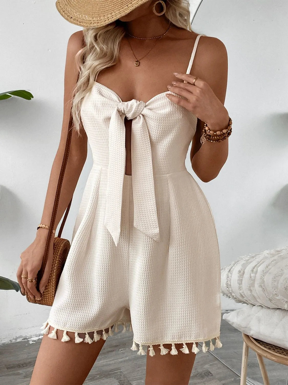 Sweetheart Neck Spaghetti Strap Romper with Twisted and Tassel.
