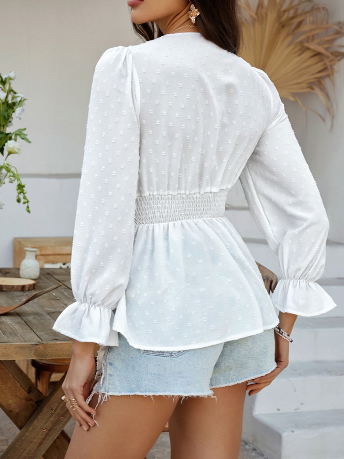 Devine Swiss Dot Lace Detail Surplice Flounce Sleeve Blouse.