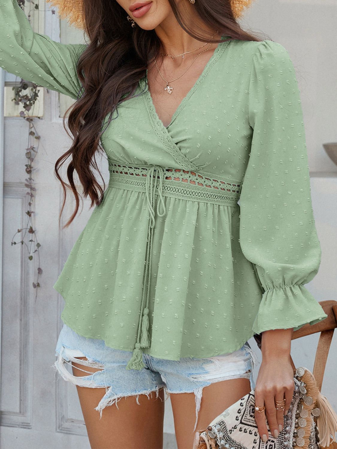 Devine Swiss Dot Lace Detail Surplice Flounce Sleeve Blouse.