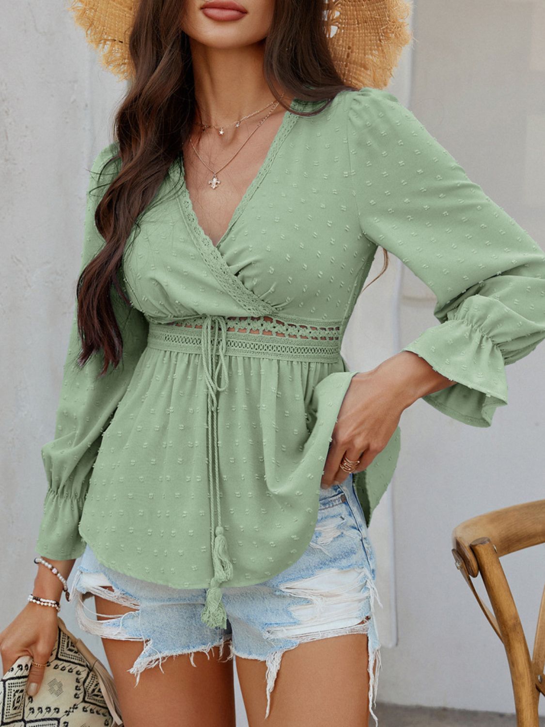 Devine Swiss Dot Lace Detail Surplice Flounce Sleeve Blouse.