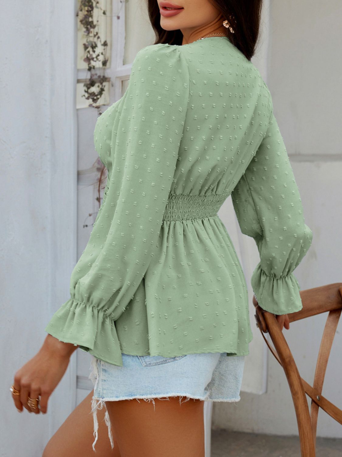Devine Swiss Dot Lace Detail Surplice Flounce Sleeve Blouse.